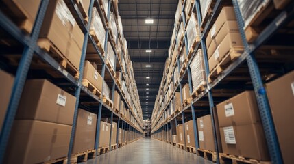Fototapeta premium Warehouse Storage With Stacked Cardboard Boxes