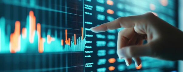 Strategic planning resources innovation concept. Finger pointing at a digital financial data display with graphs.