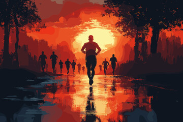 A group of runners in silhouette racing at sunset. The vibrant sky and reflective road enhance the dramatic energy of the scene, evoking determination, speed, and athleticism
