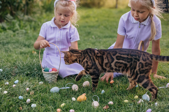Children in Easter Egg Hunt with Cat in Spring Garden