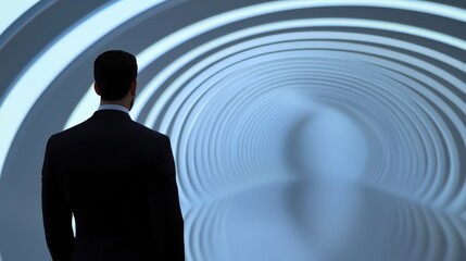 Fototapeta premium Strategic planning resources innovation concept. A figure stands at the entrance of a futuristic tunnel.