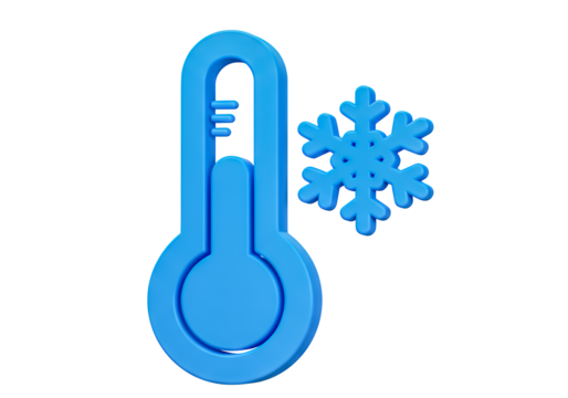 3D Blue Thermometer Icon With Temperature Lines Positioned Beside Snowflake Symbol Indicating Cold Conditions
