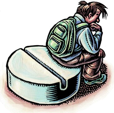 A sad child or teenager sits on a giant pill, with a green backpack, in a pose like the thinker.
