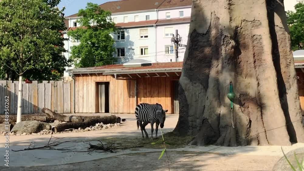 Poster zebra is standing in front of a tree. the tree is large and has a green bird feeder hanging from it.
