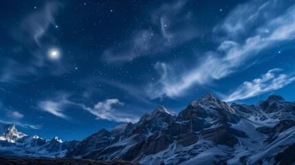 Obraz premium A serene night sky with a full moon and wispy clouds over mountains.