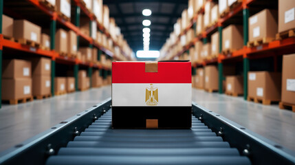 A package wrapped in the Egypt flag moves on a conveyor belt inside a warehouse. Symbolizing logistics, global trade, and the efficiency of supply chains.