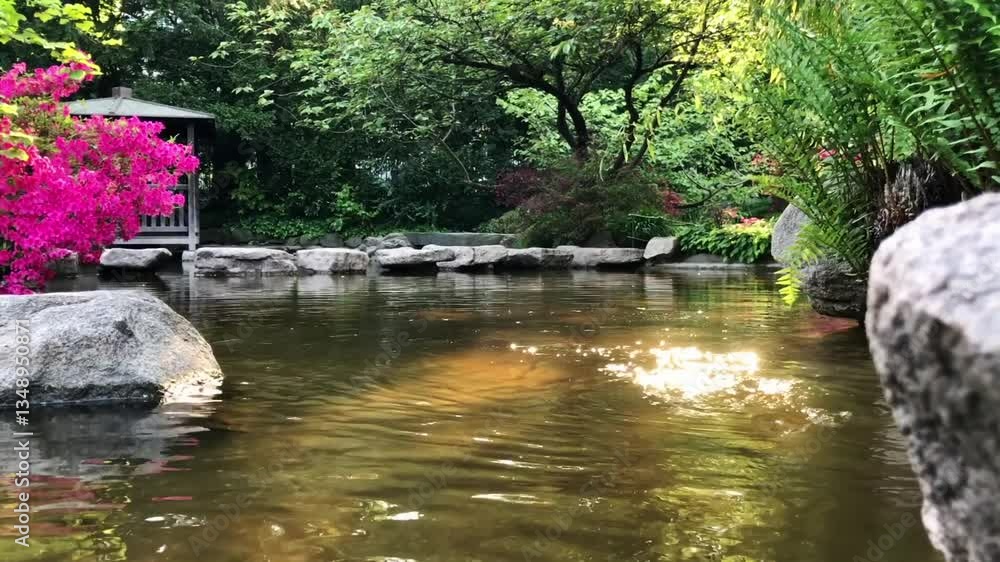 Poster pond with a bridge and a bench in the background. the water is calm and the rocks surrounding it cre