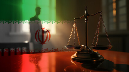The scales of justice stand in front of the Iran flag, symbolizing law, fairness, and the legal system. A concept of democracy and equality.