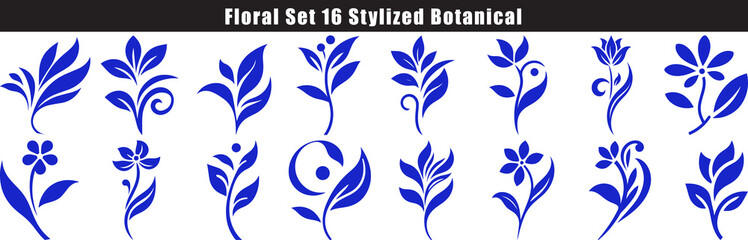 16 Blue Floral Vector Designs Decorative Botanical Graphic Collection.