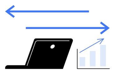 Laptop silhouette with contrasting forward and backward arrows, graph indicating growth. Ideal for data flow, tech, analytics, productivity, solutions, strategy, progress flat simple metaphor