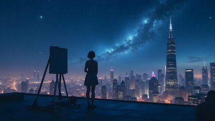 night cityscape, silhouette of person on rooftop, starry sky, milky way, urban skyline, skyscrapers, futuristic city, neon lights, cyberpunk atmosphere, reflective surfaces, dramatic lighting, wide pa