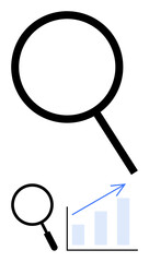 Magnifying glass enlarging a bar chart with upward arrow indicating growth, focus, and success. Ideal for research, data analysis, business strategy, development, progress, trends flat simple