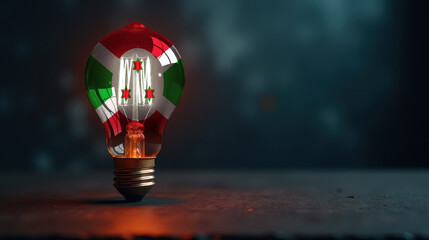 A patriotic concept: A light bulb with the Burundi flag design glowing in the dark, symbolizing ingenuity, technology, and energy independence