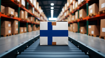 A package wrapped in the Finland flag moves on a conveyor belt inside a warehouse. Symbolizing logistics, global trade, and the efficiency of supply chains.