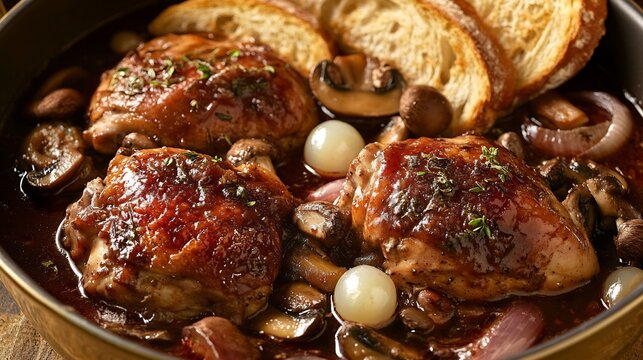 French coq au vin tender chicken braised in red wine served with mushrooms pearl onions and crispy baguette slices