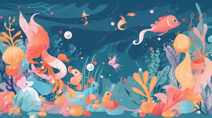 Enchanting Underwater World Whimsical Sea Creatures and Coral Reef Illustration