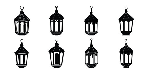  Vector Ramadan Arabian Islamic lanterns silhouettes set isolated on white background. Vintage lamps silhouettes.