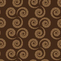Seamless pattern in ancient Greek style three spirals in brown colors dark background