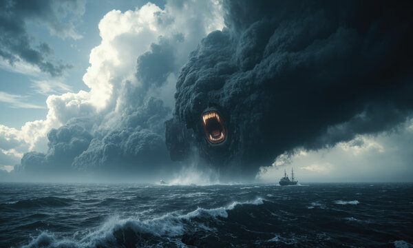 A monstrous face forms in the clouds, its mouth open in a deafening scream as it unleashes chaotic winds that