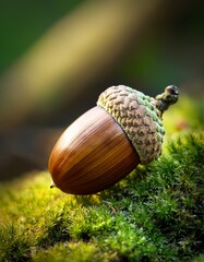 Beautiful Acorn Resting on Lush Green Moss in a Tranquil Forest Setting During Early Morning Light