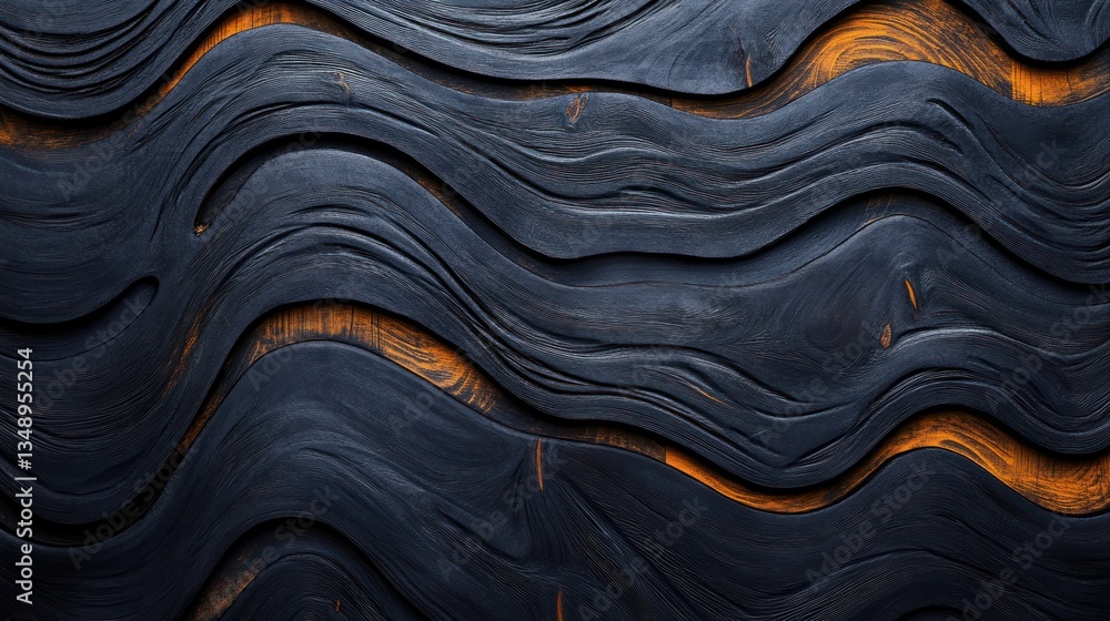 Aufkleber dark wavy wood texture with orange highlights creating abstract pattern. modern artistic background.