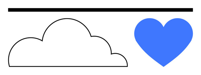 Black outlined cloud paired with a blue heart under a bold black line. Ideal for weather, love, positivity, environment, partnership, mindfulness, wellness. Flat simple metaphor