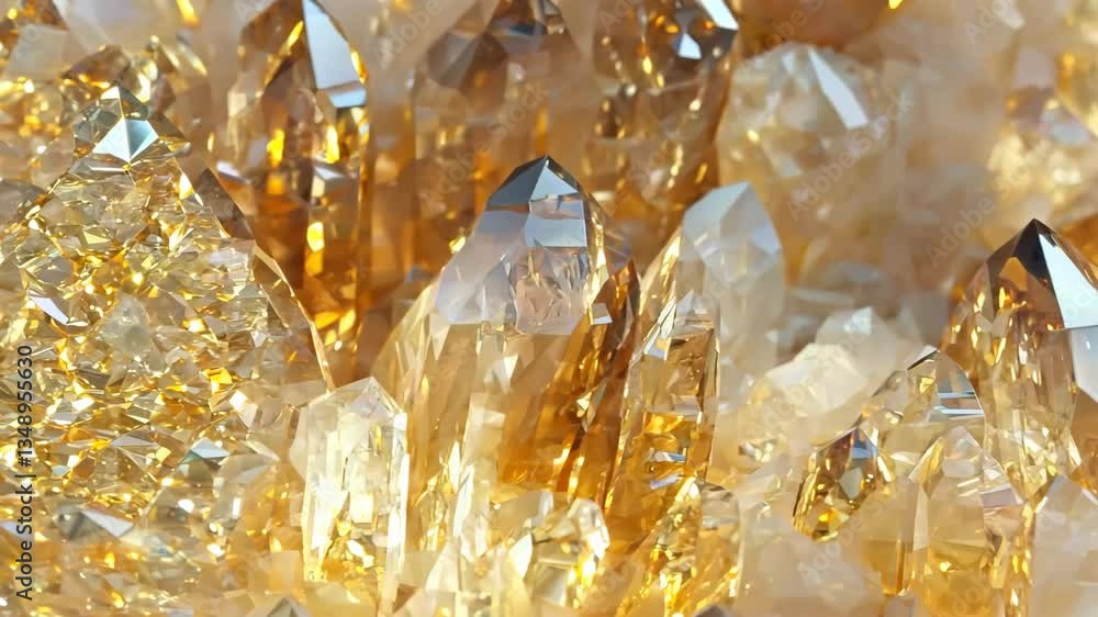 Poster close-up of sparkling citrine rutilated quartz crystals with golden hues and sharp facets mineral pa