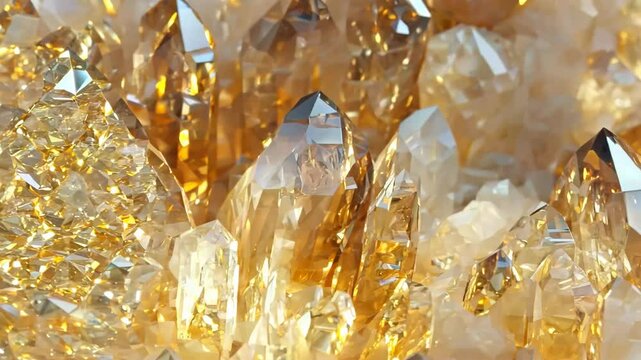 Close-up of sparkling citrine Rutilated Quartz crystals with golden hues and sharp facets mineral pattern texture macro background.
