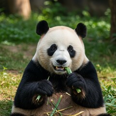 Fototapeta premium Adorable panda enjoys bamboo in a sunny enclosure