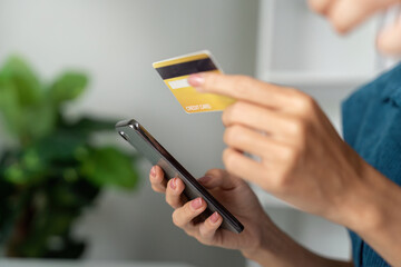 Digital Payments and Financial Planning. A young woman confidently using her credit card and smartphone to track spending.