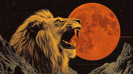roaring lion vintage collage 1970s illustration with grunge texture, ideal for posters and album covers