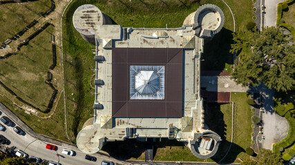 Aerial perpendicular view of the Orsini-Colonna Castle, a fort located in the city of Avezzano, in...