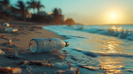 Close-up of discarded single-use plastics on a beach, environmental awareness theme  