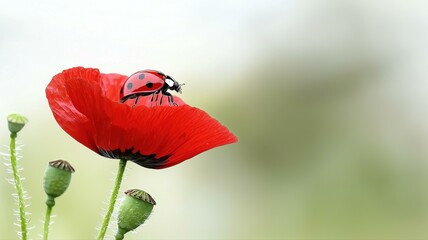Obraz premium Close-up of a ladybug perched on a vibrant red poppy against a soft green background.