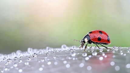 Obraz premium Close-up of a ladybug with a vibrant red shell and black dots, walking on a dew-covered surface in natural light.