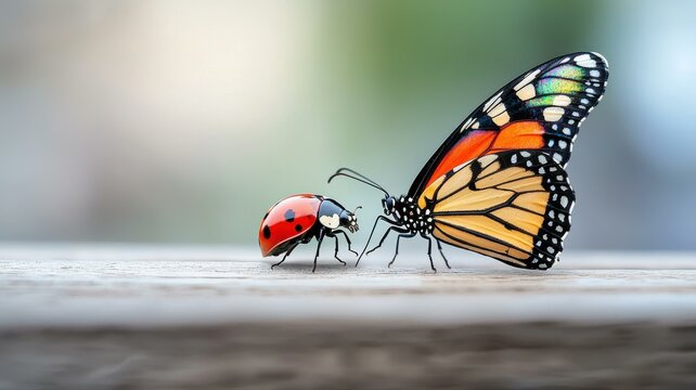 Close-up of a vibrant butterfly and ladybug on a wooden surface in natural light.
