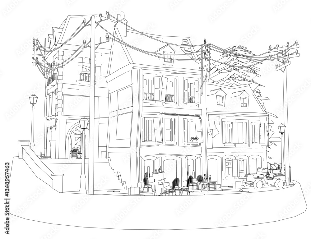 Poster a drawing of a building with a lot of windows and a balcony. the building is surrounded by a sidewal