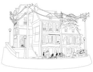 A drawing of a building with a lot of windows and a balcony. The building is surrounded by a sidewalk and there are several people sitting on benches outside