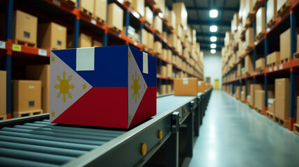 Philippines parcel on a conveyor in a modern distribution center. Symbolizing trade, global exports, and the efficiency of logistics