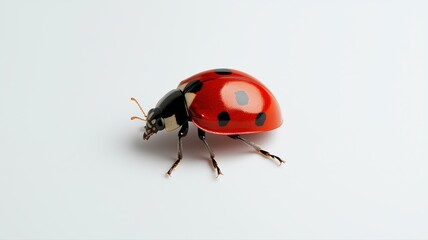 Fototapeta premium Close-up of a vibrant ladybug with red and black spots against a white background, showcasing nature's intricate details.