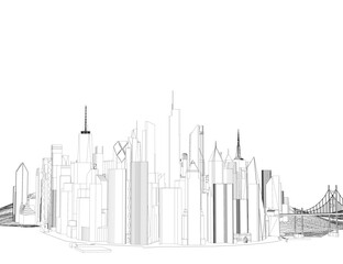 Obraz premium A city skyline with a bridge in the background. The buildings are tall and the sky is clear
