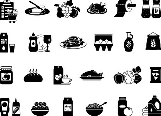Black Grocery Icon Set. Vector Illustrations Food, Bread, Milk, Eggs, Butter, Flour, Fruits, Vegetables, Fish, Chicken, Beef, Olive Oil, Sugar, Jam, and More