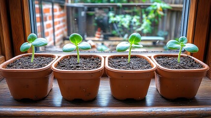 Four small plants growing inside square brown pots near window sill