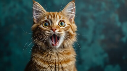 Surprised ginger kitten with open mouth against teal background.