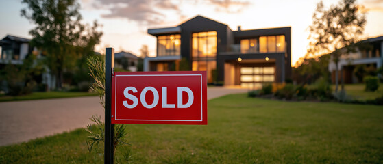 Modern luxury home with a sold sign under soft golden sunlight and manicured lawn