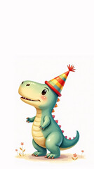 Fototapeta premium Lively and expressive cartoon Parasaurolophus with a charming watercolor texture, happily posing with a cheerful party hat