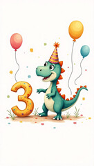 Whimsical Parasaurolophus dinosaur birthday clipart featuring colorful balloons and a decorative number 3 
 for third celebrations
