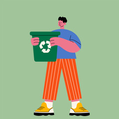 Man holding recycling bin &ndash; Waste sorting, eco-friendly lifestyle, environmental protection, sustainable living, zero waste concept, recycling awareness, green energy, clean planet