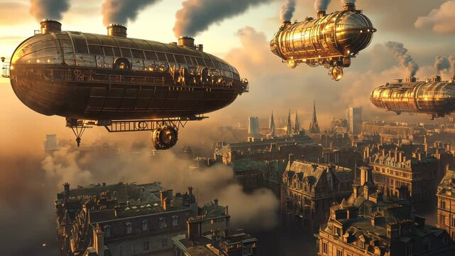 Steampunk Airships Over City Skyline