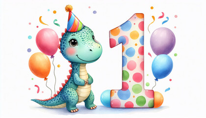 Beautiful hand-painted Parasaurolophus illustration for a first birthday celebration with a big number one and joyful balloons